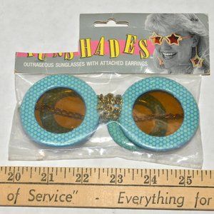 Groovy Mod Gogo disco sunglasses attached earrings blue polkadot retro round